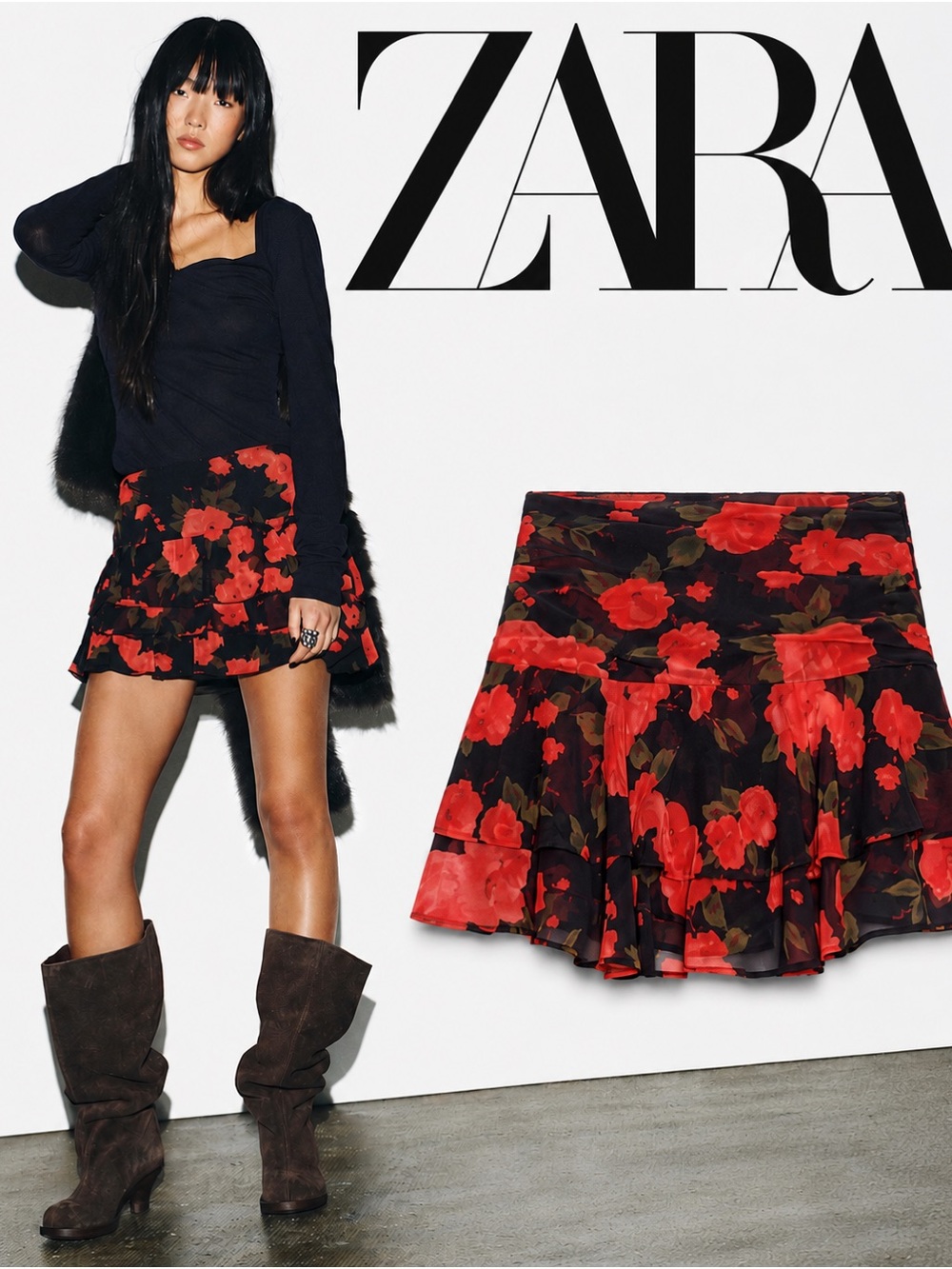 ZARA Black Mini Skirt with Bold Red Floral Print